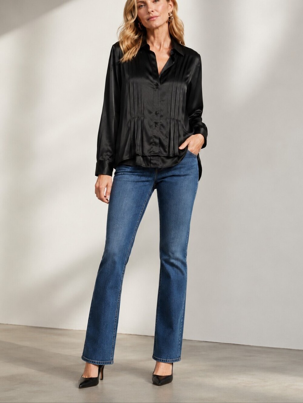 Black Satin Pleated Button Down Blouse.